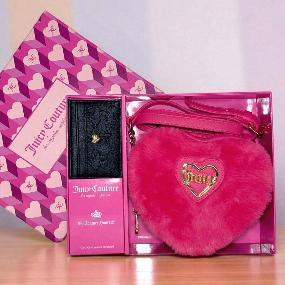 Juicy Couture Faux Fur Pink Heart Crossbody Bag & Black Card Case Wallet Set New